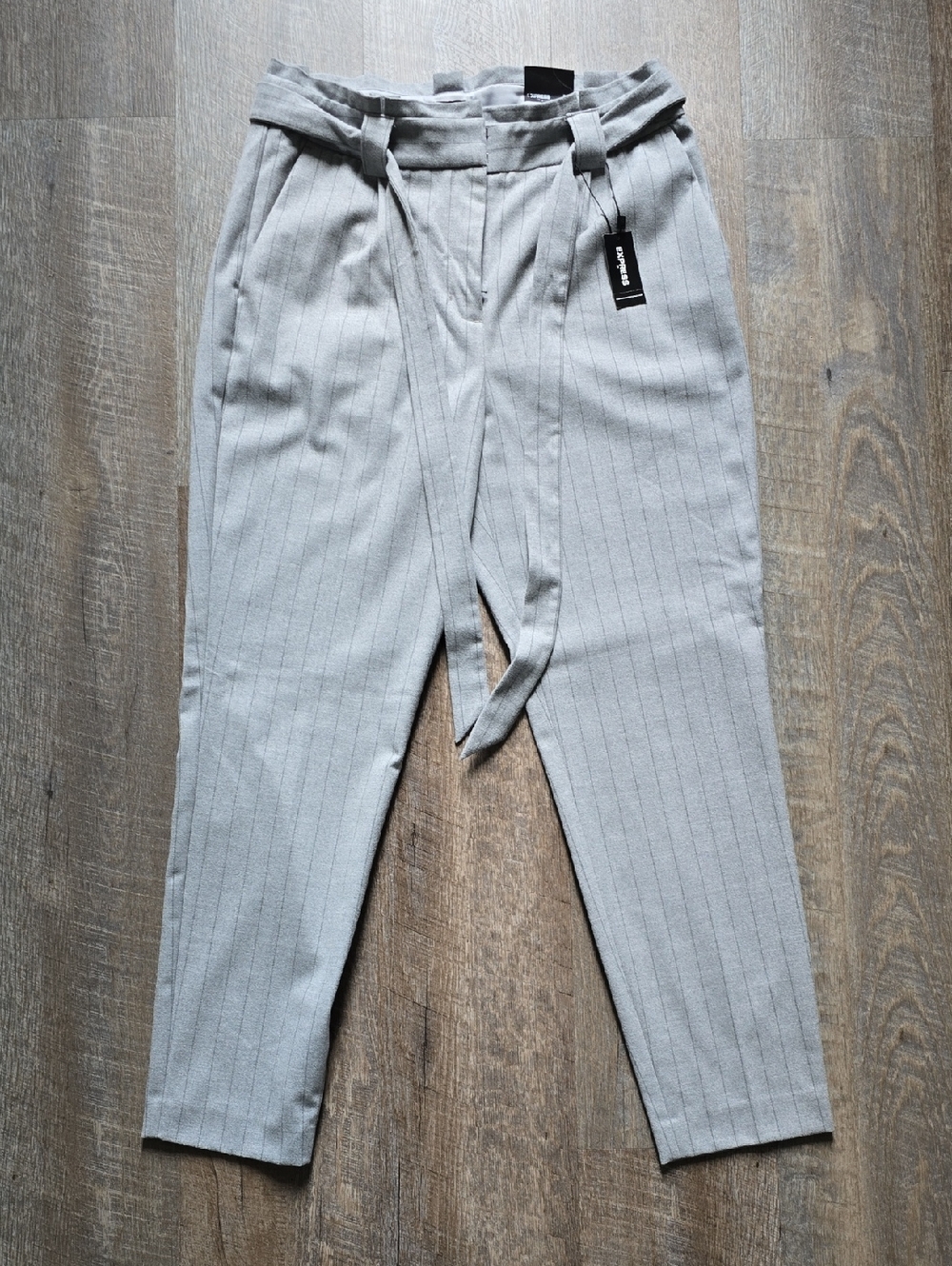 Express Women's Light Gray Pinstripe Belt Tie Pants 10